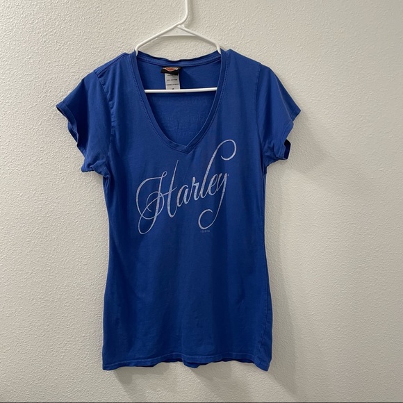Harley Davidson v neck shirt blue medium - Picture 1 of 4